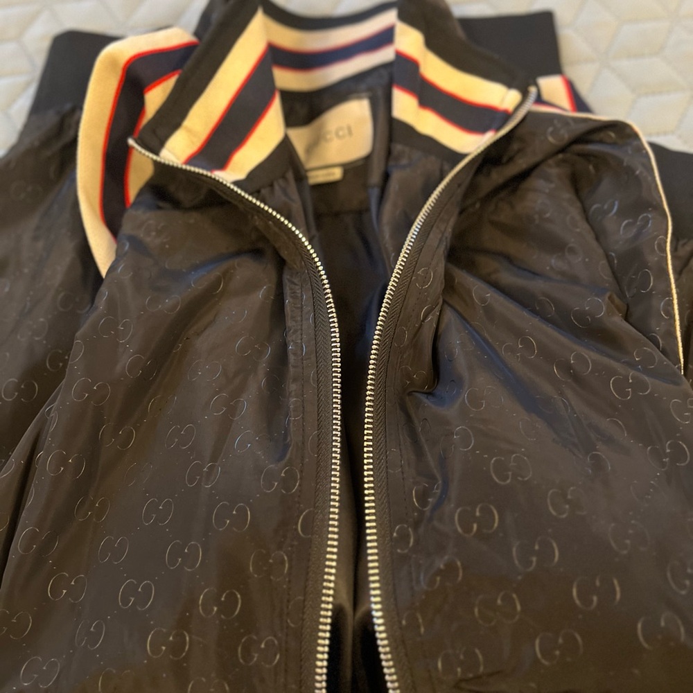 Gucci Black Nylon GG Monogram Track Jacket with Red & Blue Stripe Trim